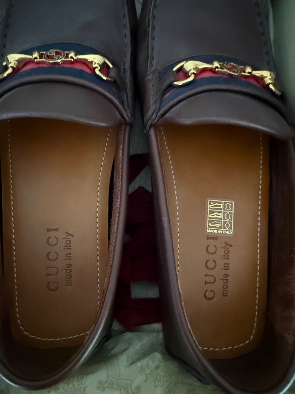 Gucci Brown Leather Horsebit Loafers with Navy & Red Web - Picture 7 of 7